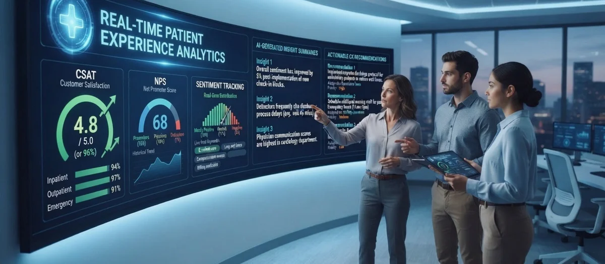 Real-time patient experience analytics dashboard showing CSAT, NPS, sentiment tracking, and AI-generated insight summaries with actionable CX recommendations