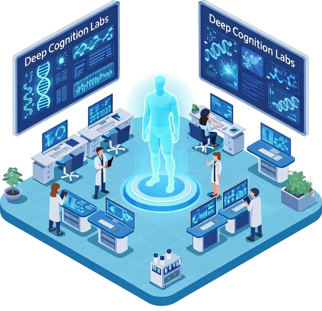 Deep Cognition Labs isometric illustration — clinicians surrounding an AI holographic body model in a medical AI lab with Deep Cognition Labs DNA dashboards and patient monitoring workstations