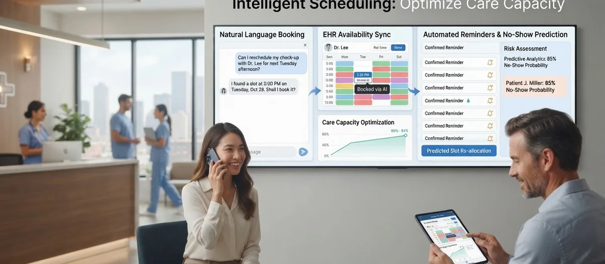 Intelligent scheduling dashboard showing natural language booking, EHR availability sync, and automated reminders with no-show prediction