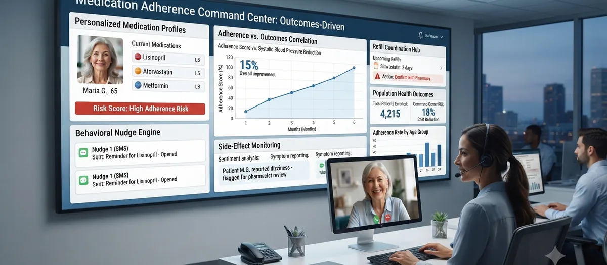Medication adherence command center dashboard showing personalized medication profiles, adherence-outcomes correlation, and refill coordination