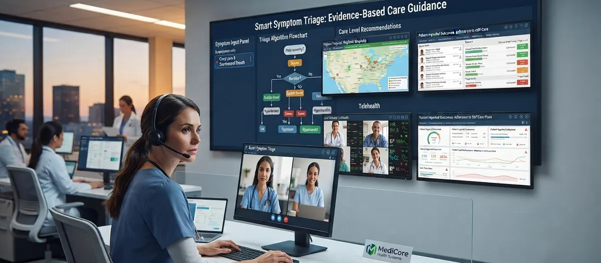 Smart symptom triage dashboard showing triage algorithm flowchart, care level recommendations, and telehealth connections