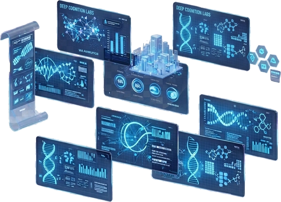 Deep Cognition Labs platform — floating holographic dashboards showing DNA analytics, genomic data, drug discovery models, and clinical AI intelligence screens