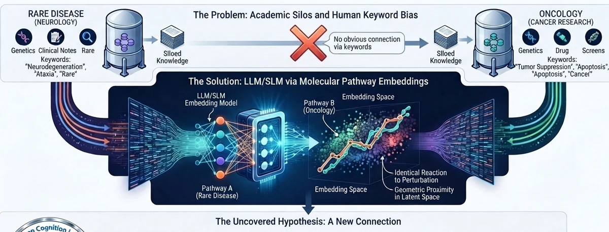 Bypassing Human Bias — uncovering hidden connections between siloed rare disease and oncology research via LLM/SLM molecular pathway embeddings