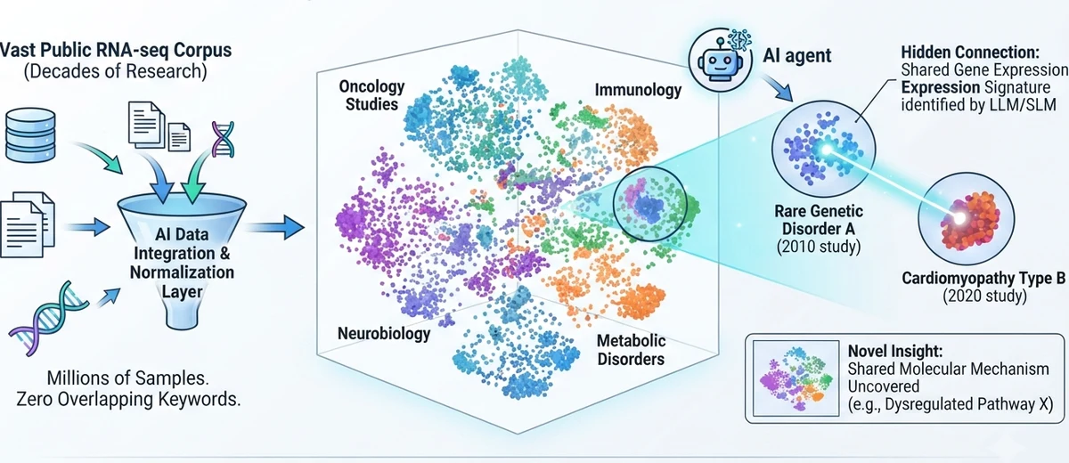 Cross-Context Discovery — projecting millions of RNA-seq samples into a shared latent space to surface a hidden connection between a rare genetic disorder and cardiomyopathy
