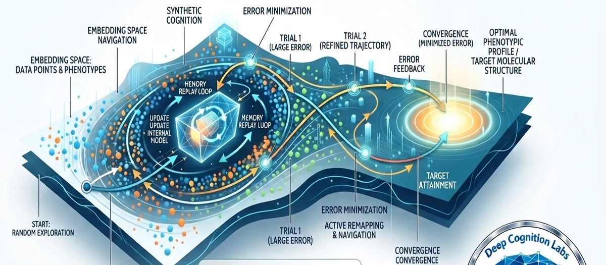 Iterative Navigation & Goal-Setting — an AI agent navigating an embedding space landscape through memory replay loops and error minimization to reach convergence on an optimal phenotypic profile