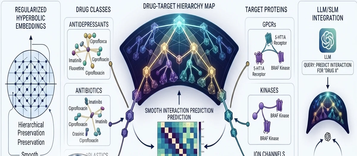 Interpretable Latent Trees — regularized hyperbolic embeddings mapping a drug-target hierarchy across drug classes, target proteins, and LLM/SLM interaction prediction