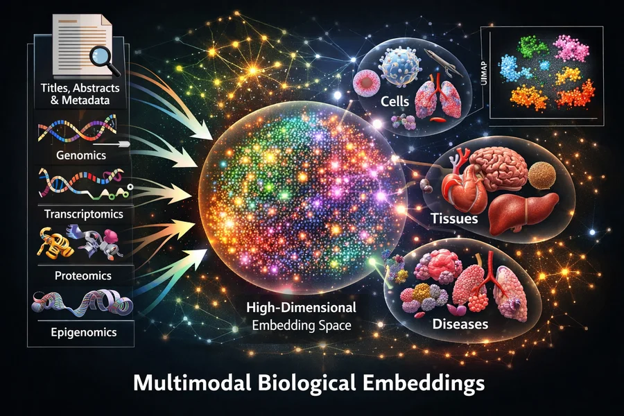 Multimodal Biological Embeddings — genomics, transcriptomics, proteomics, and epigenomics mapped into a shared high-dimensional embedding space