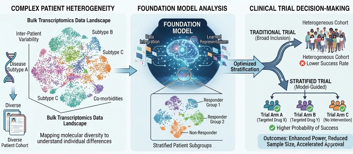 Patient Heterogeneity & Clinical Trials — a foundation model analyzes bulk transcriptomics data to produce optimized patient stratification for smarter, model-guided clinical trials