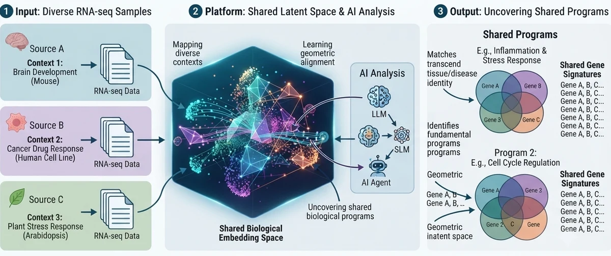 Transcriptomic Signature Matching — mapping diverse RNA-seq samples from brain development, cancer drug response, and plant stress into a shared biological embedding space to uncover shared programs